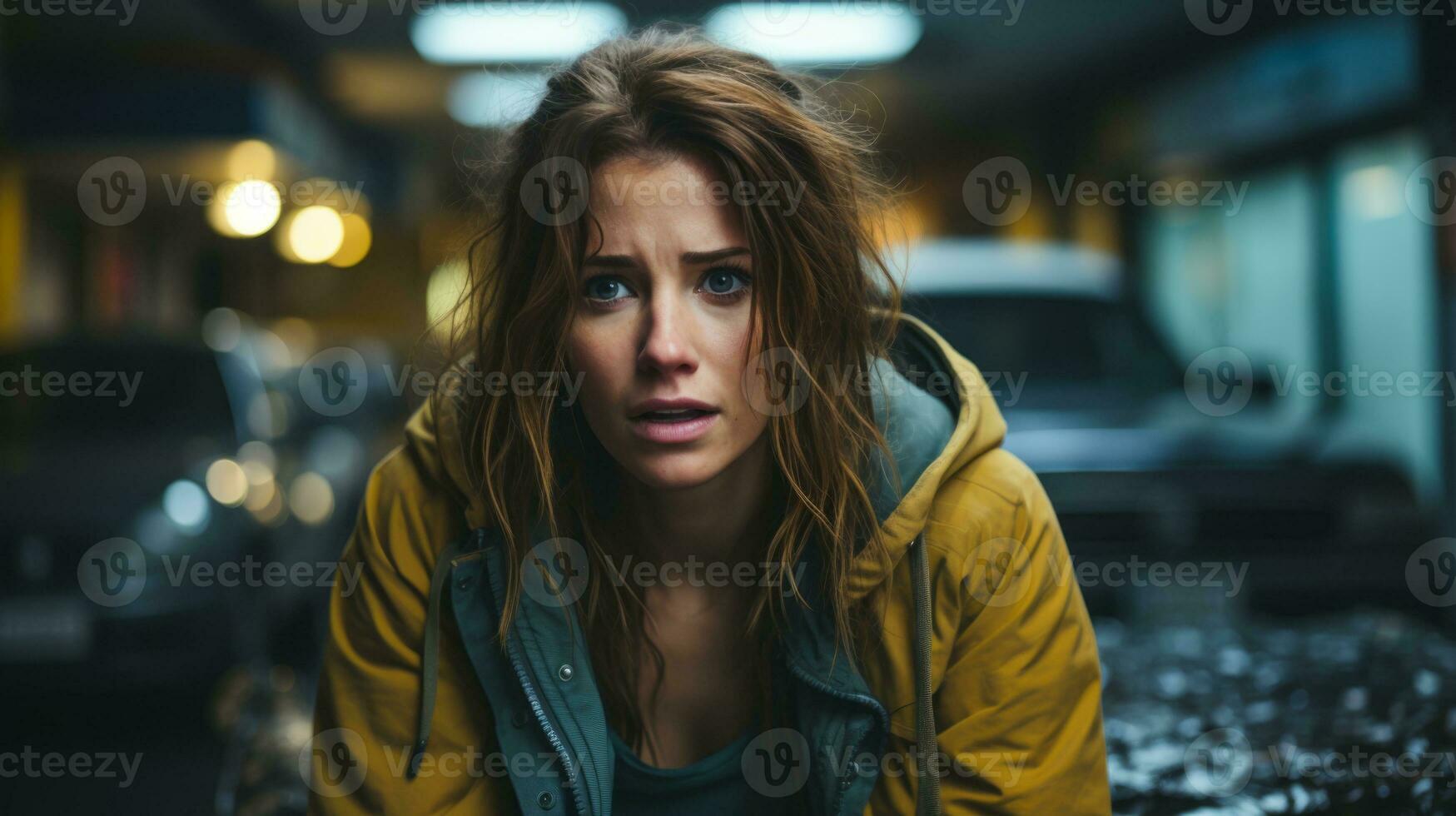 AI generated A woman in a yellow jacket looking sad, with a troubled expression on her face. Generative AI photo