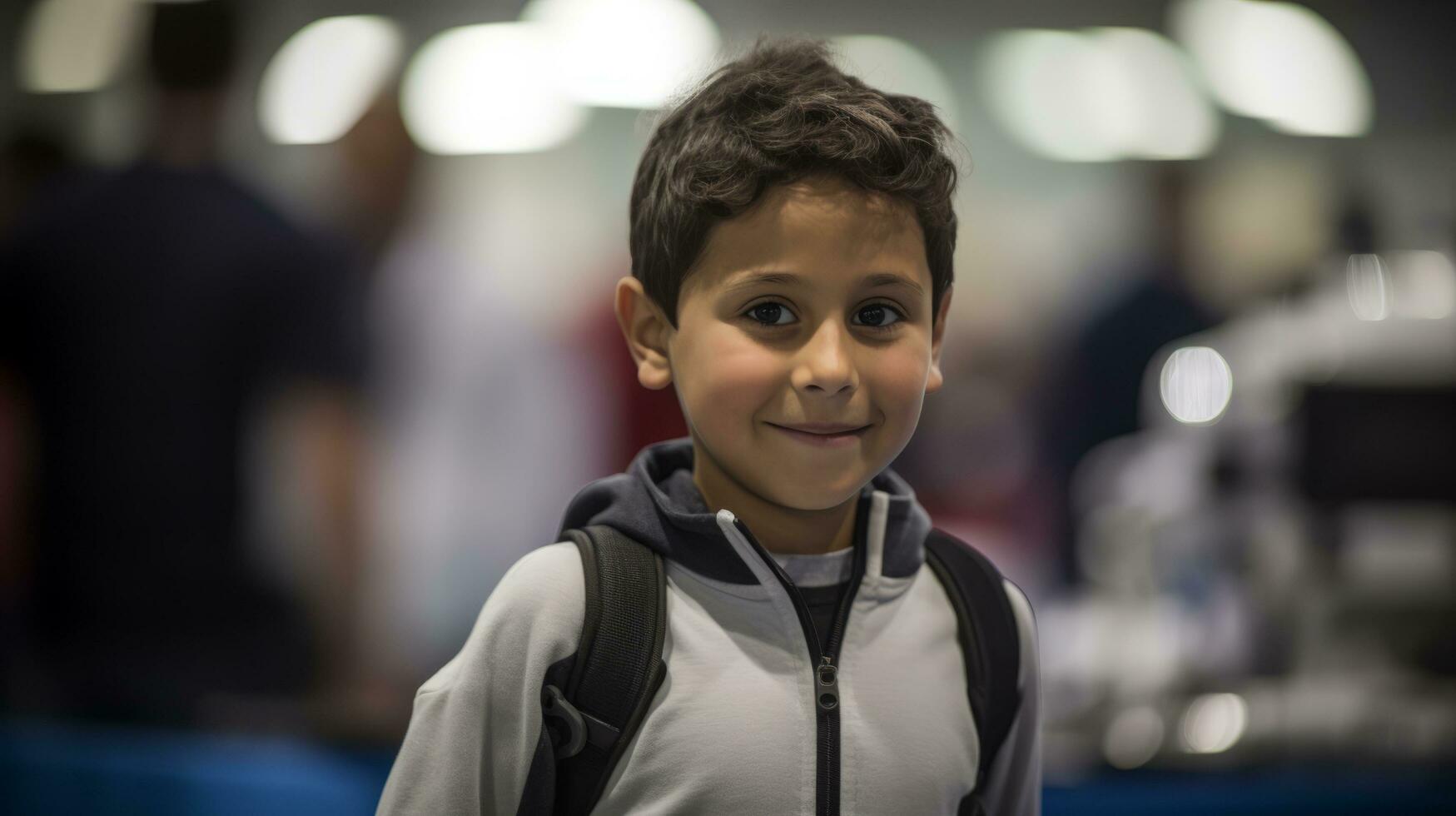 AI generated A cheerful young boy wearing a backpack poses happily in front of the camera. Generative AI photo