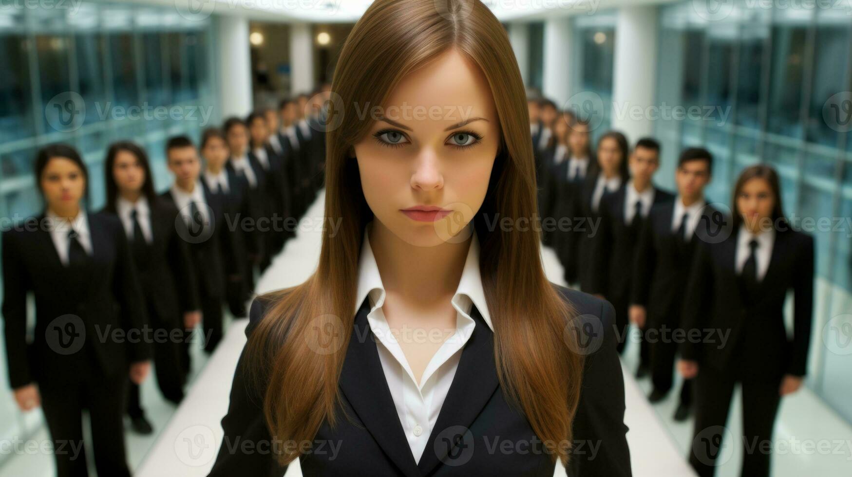 AI generated A professional woman in formal attire stands before a gathering of business professionals. Generative AI photo
