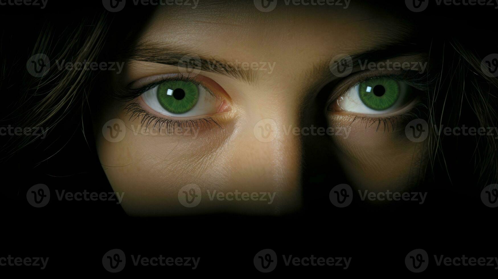 ai generado un mujer con cautivador verde ojos mirando directamente a el cámara, exudando un aire de misterio y intriga. generativo ai foto