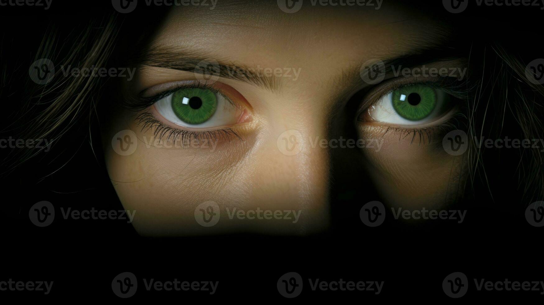 AI generated A woman with captivating green eyes looking directly at the camera, exuding an air of mystery and intrigue. Generative AI photo