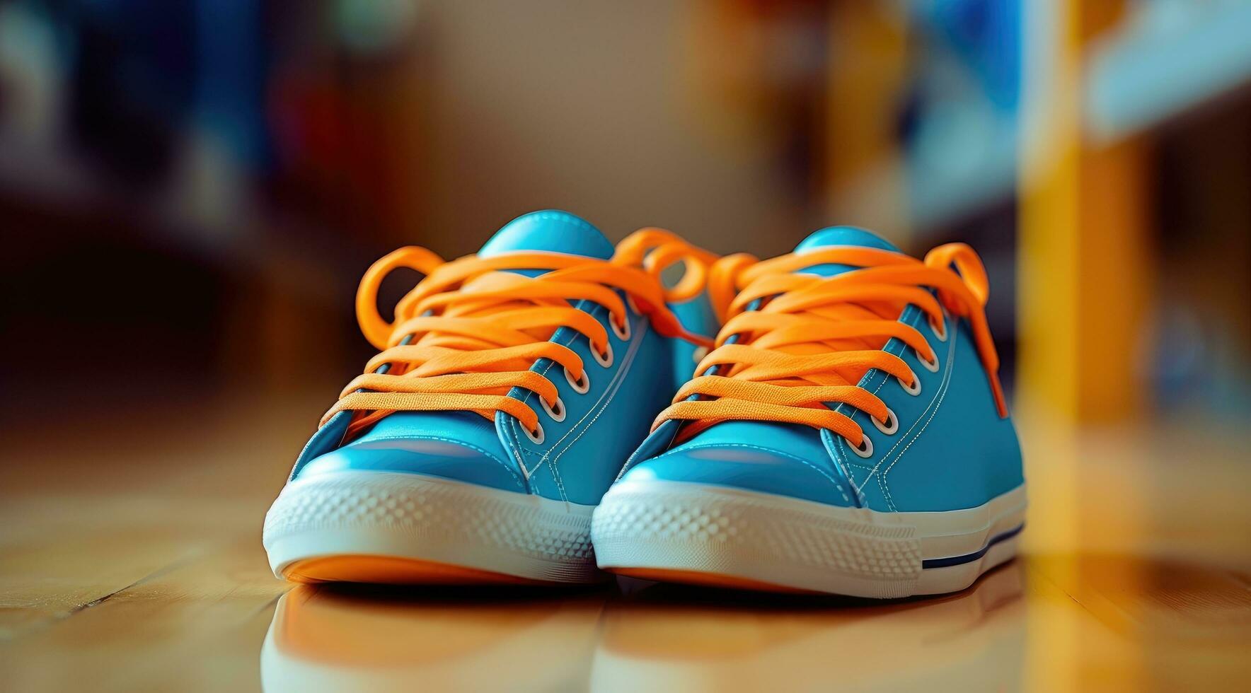 ai generado un naranja y azul par de zapatillas, con azul cordones foto