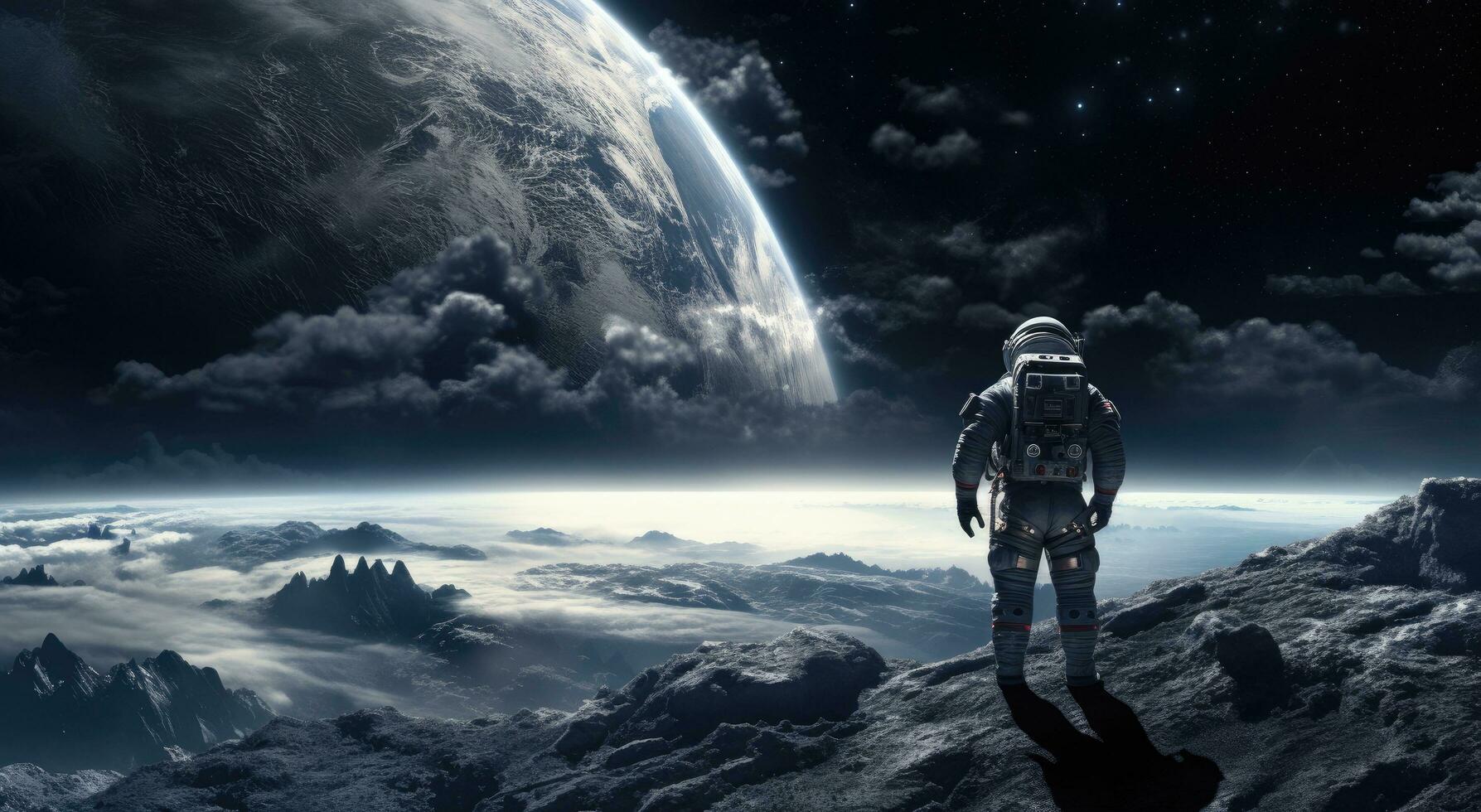 AI generated astronaut in space looking down toward an earth background photo