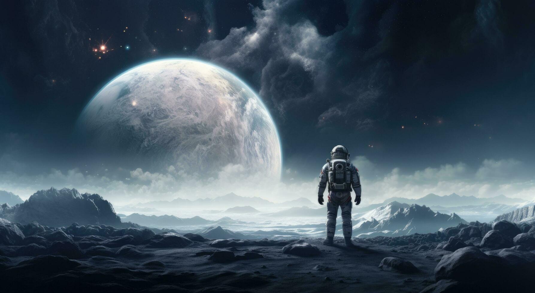 AI generated astronaut in space looking down toward an earth background photo