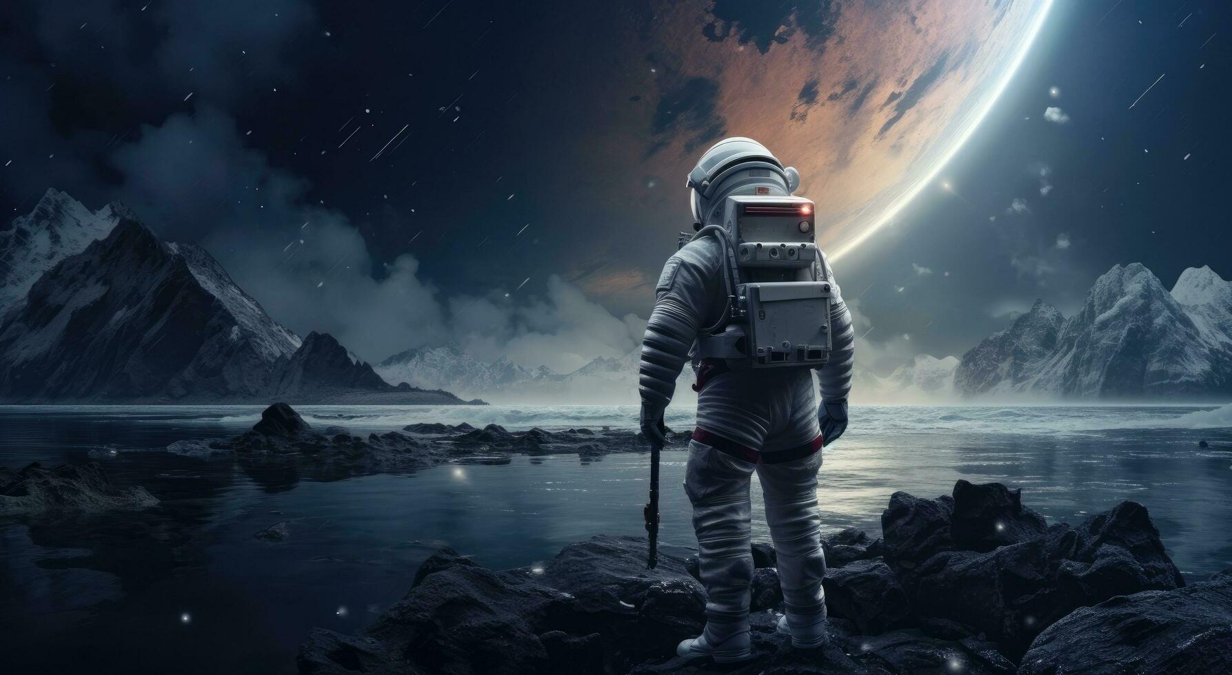 AI generated astronaut in space looking down toward an earth background photo