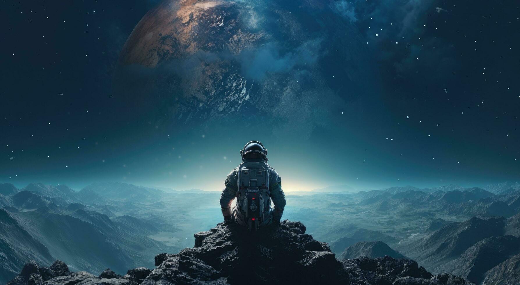 AI generated astronaut in space looking down toward an earth background photo