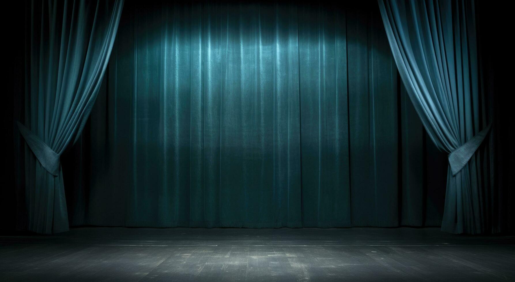 AI generated blue stage curtain in front of wooden chair photo