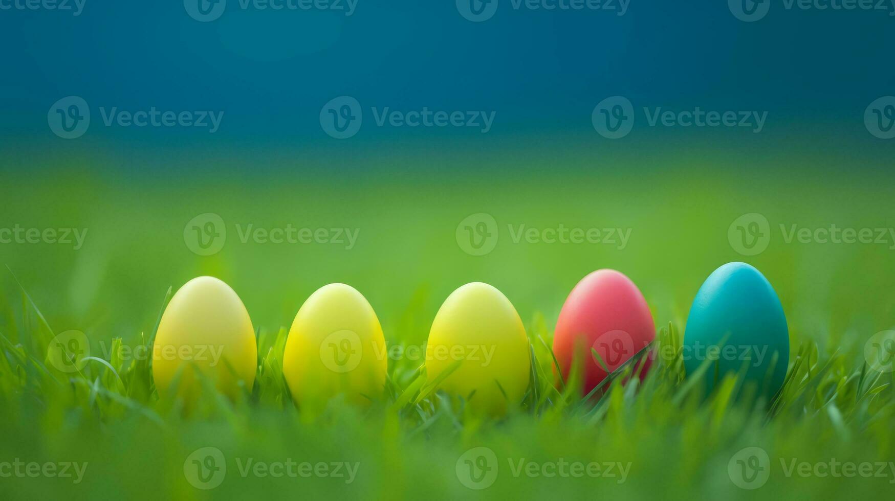AI generated Easter eggs scattered in lush green grass, creating a colorful and festive scene of celebration. Generative AI photo
