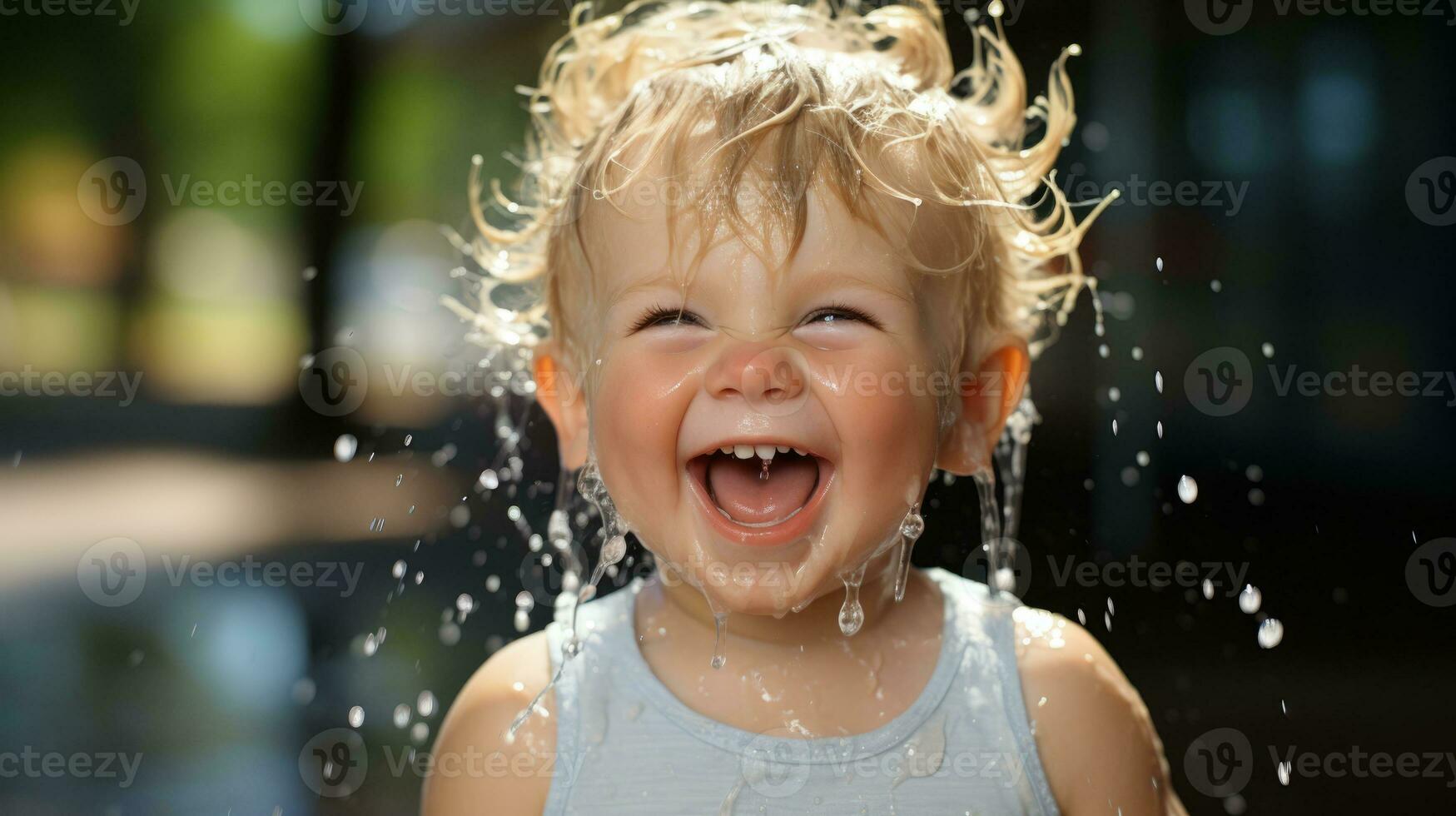 AI generated A joyful young child gleefully sprays water, bursting into laughter, creating a delightful moment of pure happiness. Generative AI photo