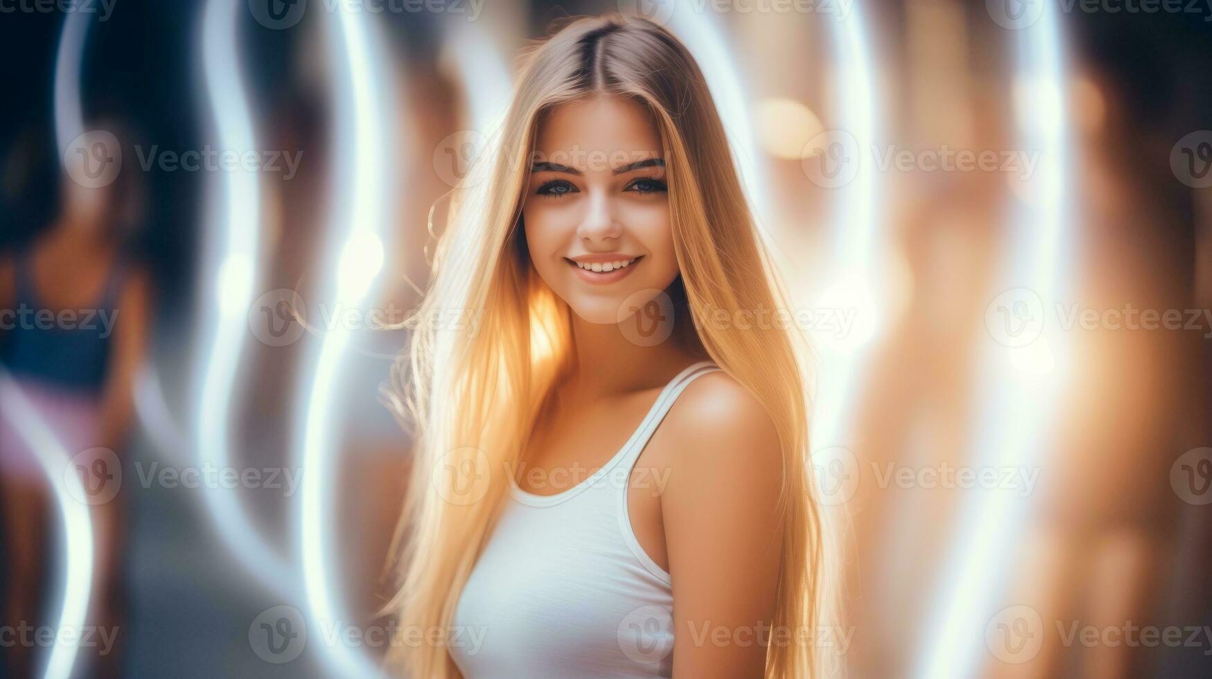 AI generated A stunning young woman with captivating light trails in the background, creating a mesmerizing visual effect. Generative AI photo