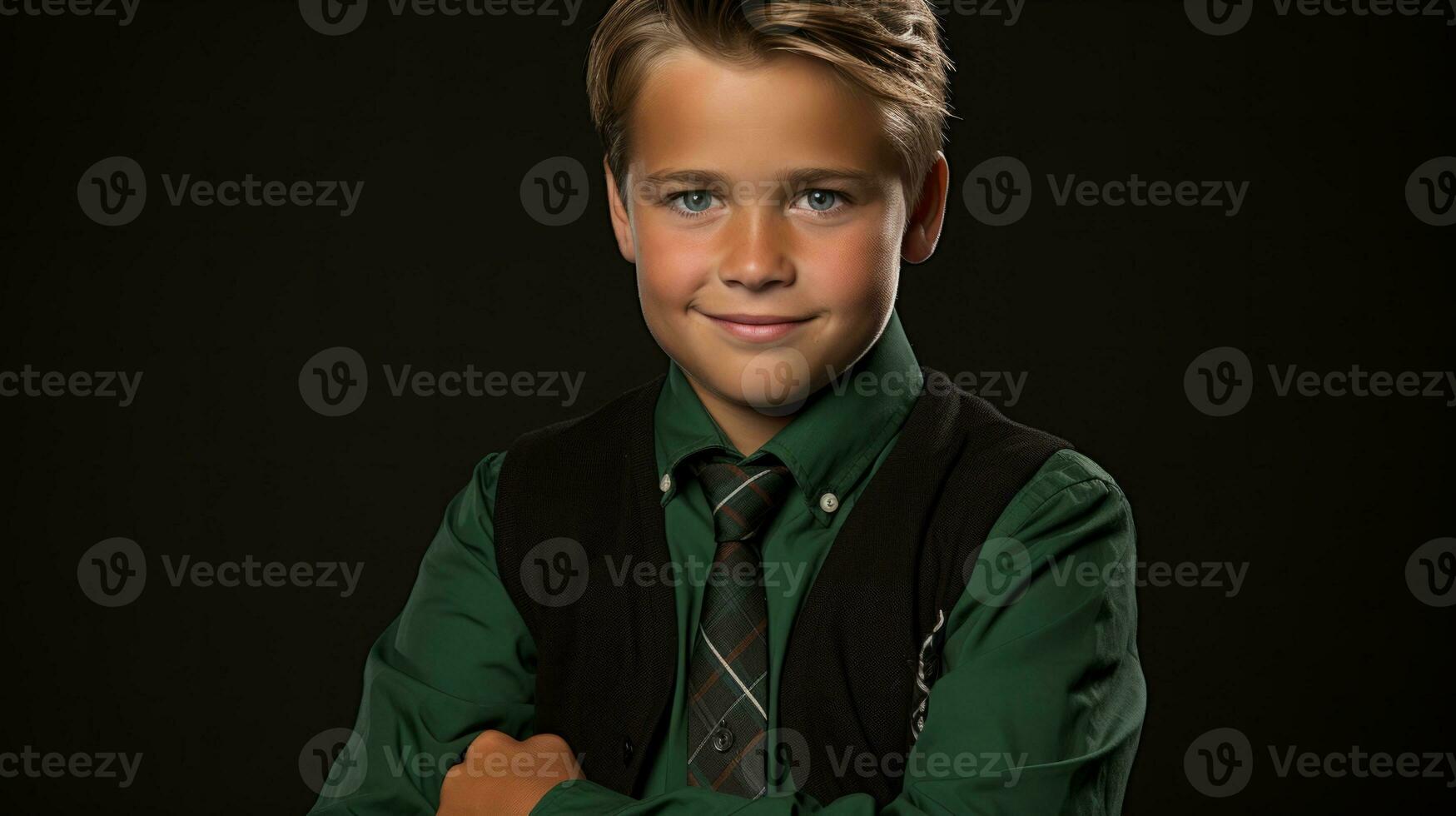 AI generated A young boy wearing a green shirt and tie, looking smart and confident. Generative AI photo