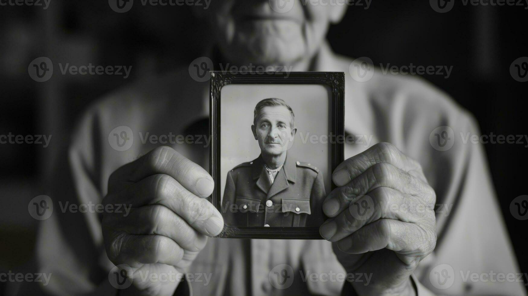 AI generated An elderly man holds a black and white photo of himself, showcasing the passage of time and memories. Generative AI