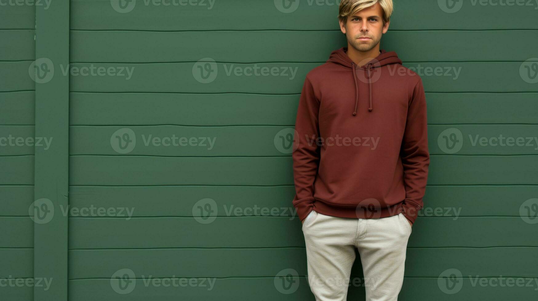 AI generated A man in a maroon hoodie standing against a green wall. Generative AI photo