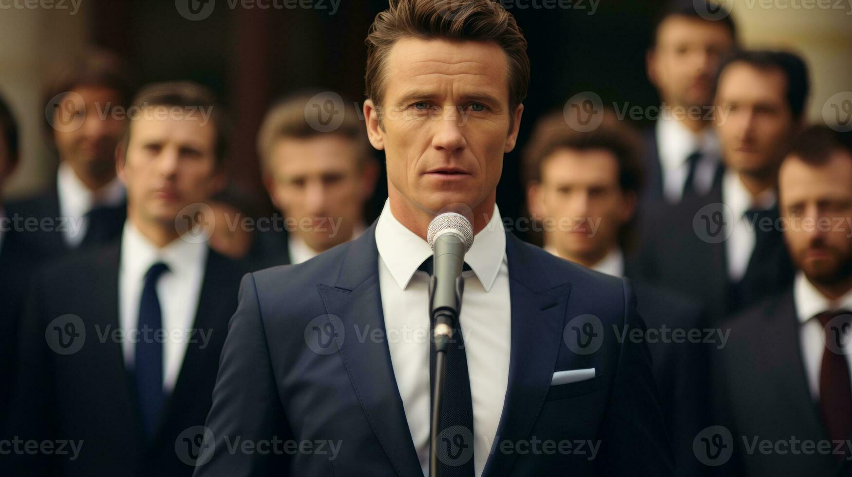 AI generated man in suit with microphone making a statement to a group of people. Generative AI photo