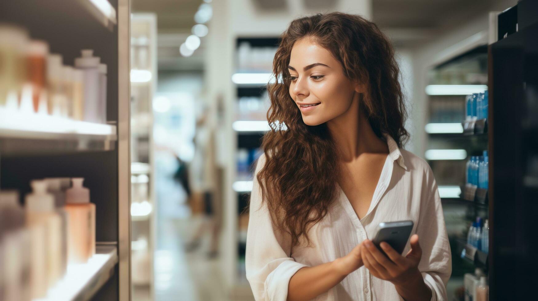 ai generado un hermosa Moda mujer comparando productos en un tienda de comestibles Tienda foto