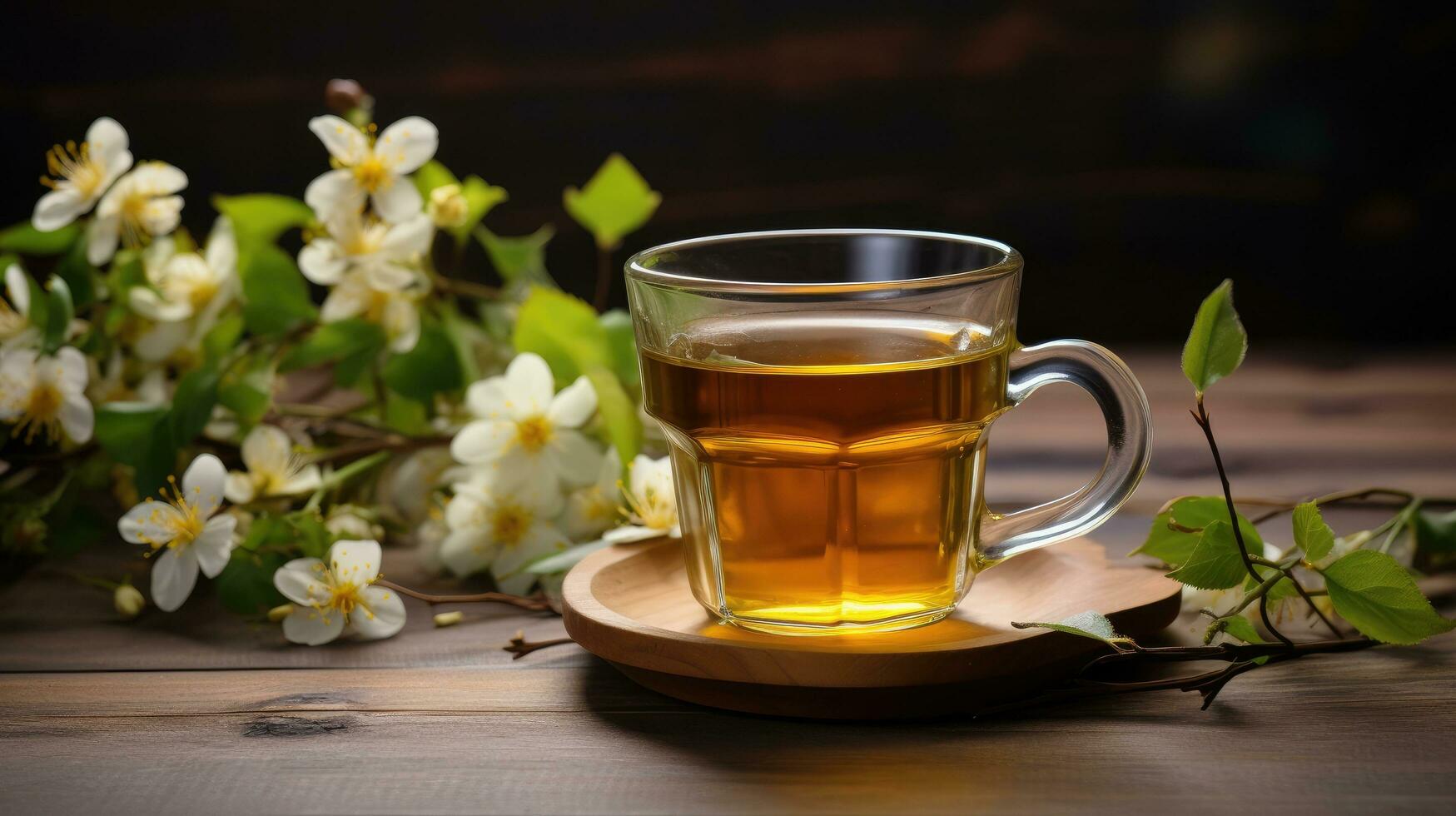 AI generated a cup of tea with flowers on a wooden table photo