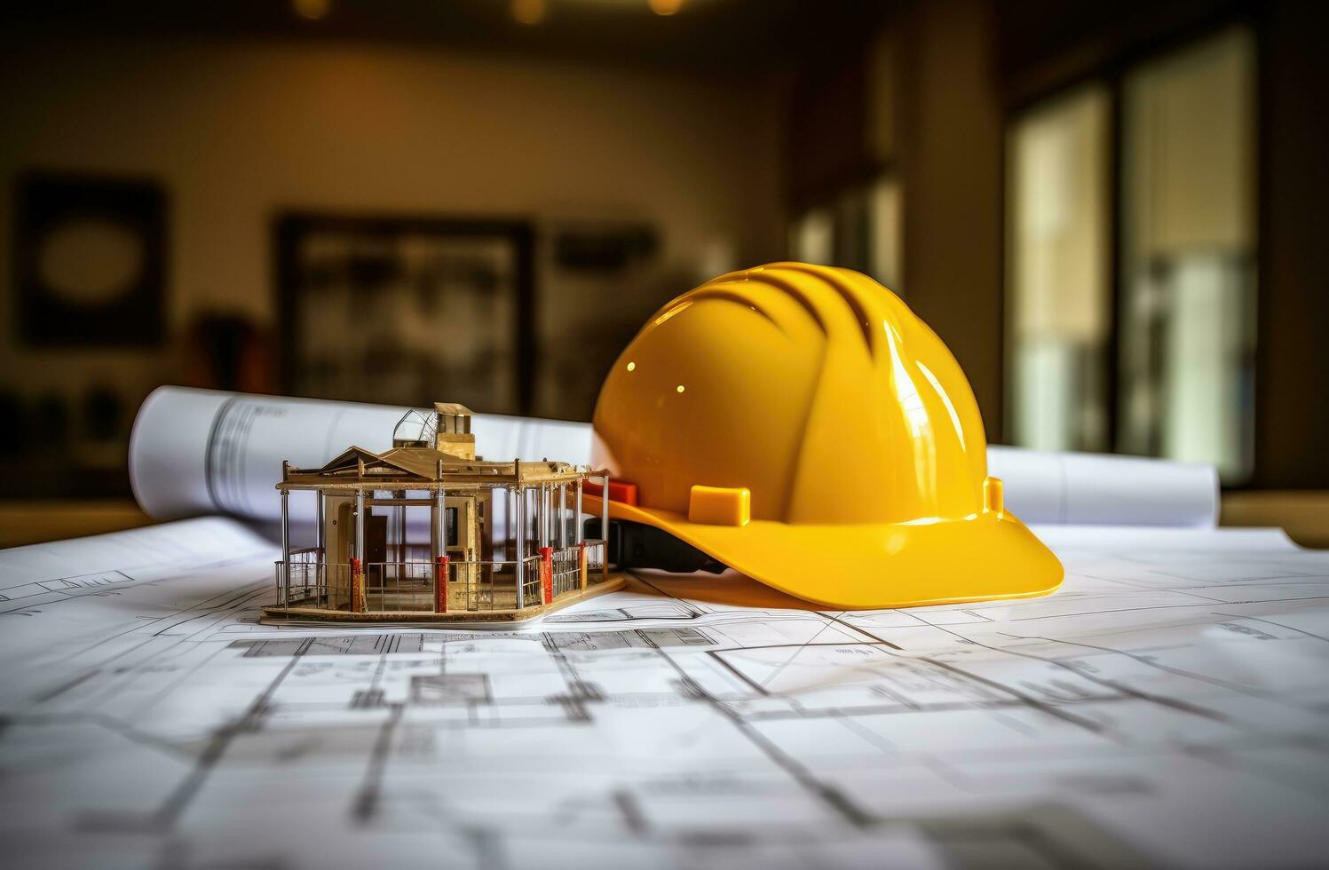 AI generated an engineer's hat on top of some building plans photo