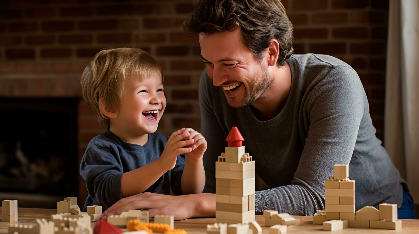 AI generated Dad and son enjoy quality time with bricks, laughter, joy, and blank space for text photo