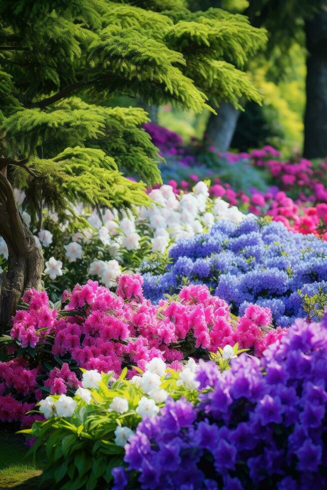 AI generated Vivid garden with vibrant flowers, flourishing plants, and ample space for your message photo