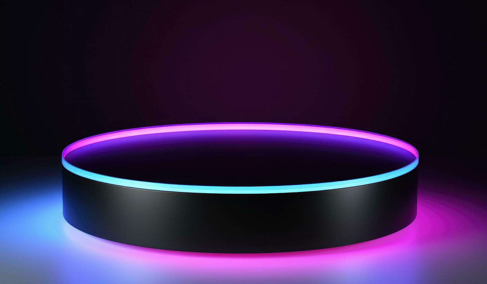 AI generated black circular pedestal with colorful lights on the black background photo