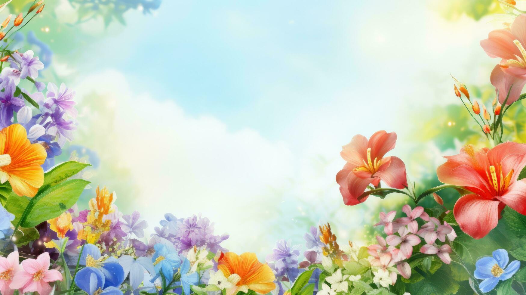 AI generated Vivid garden with vibrant flowers, flourishing plants, and ample space for your message photo
