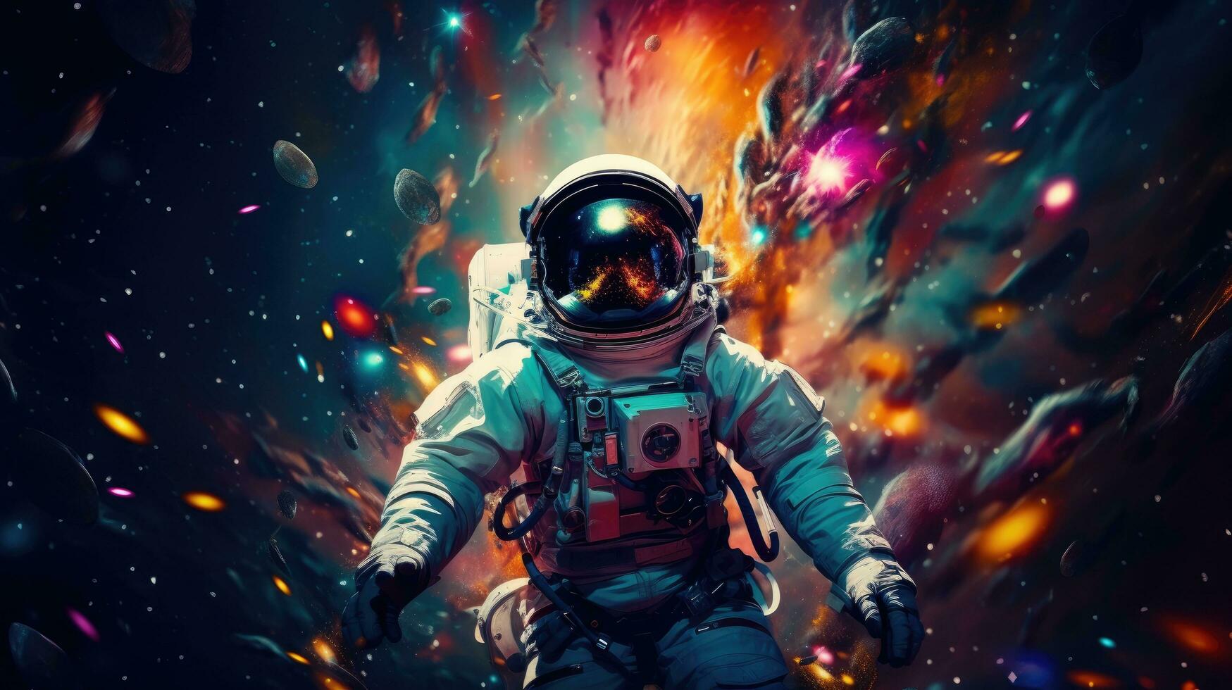 AI generated Astronaut in vivid space, surrounded by stars and planets, offering cosmic copy space photo