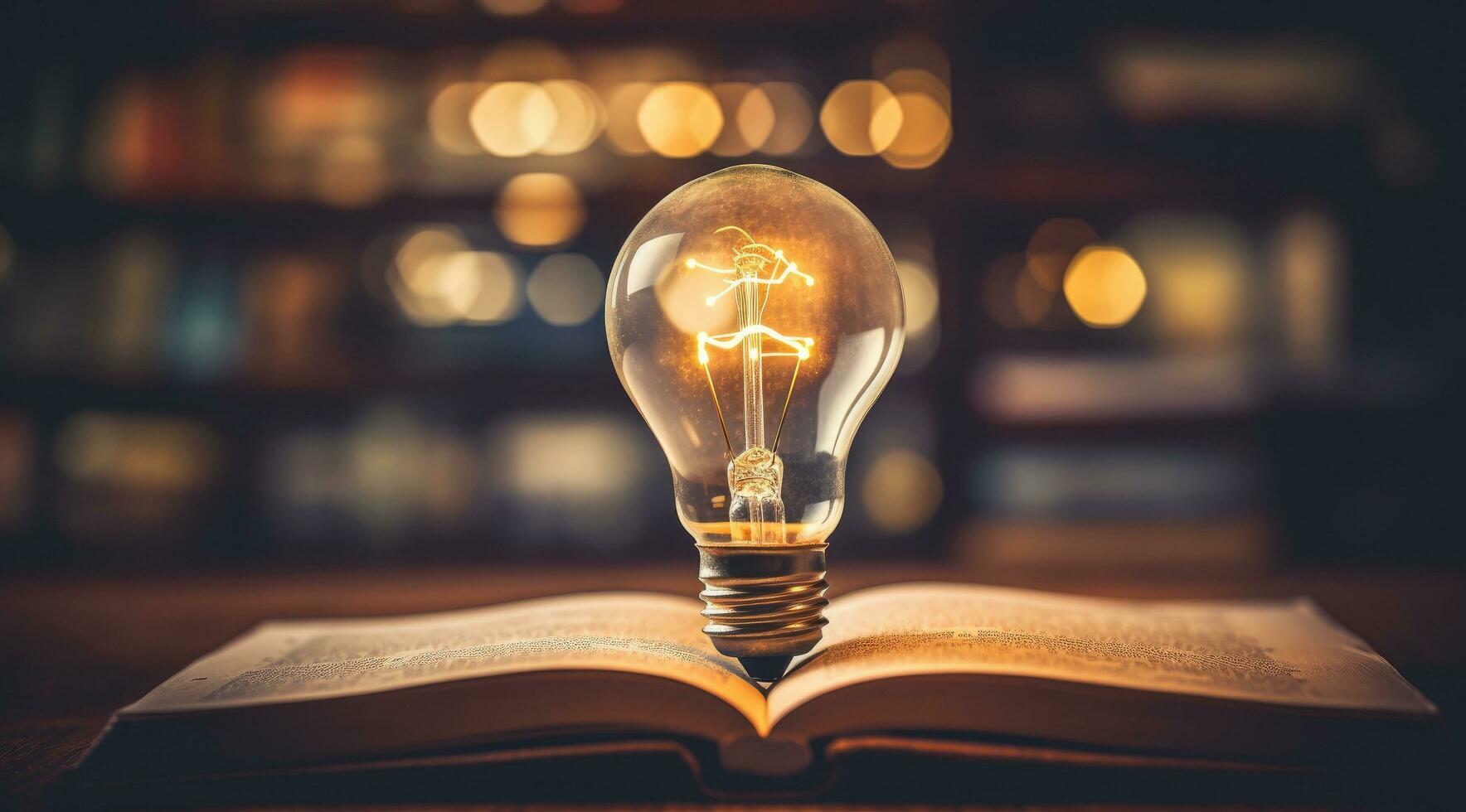 AI generated book of fiction on top bokeh light bulb photo