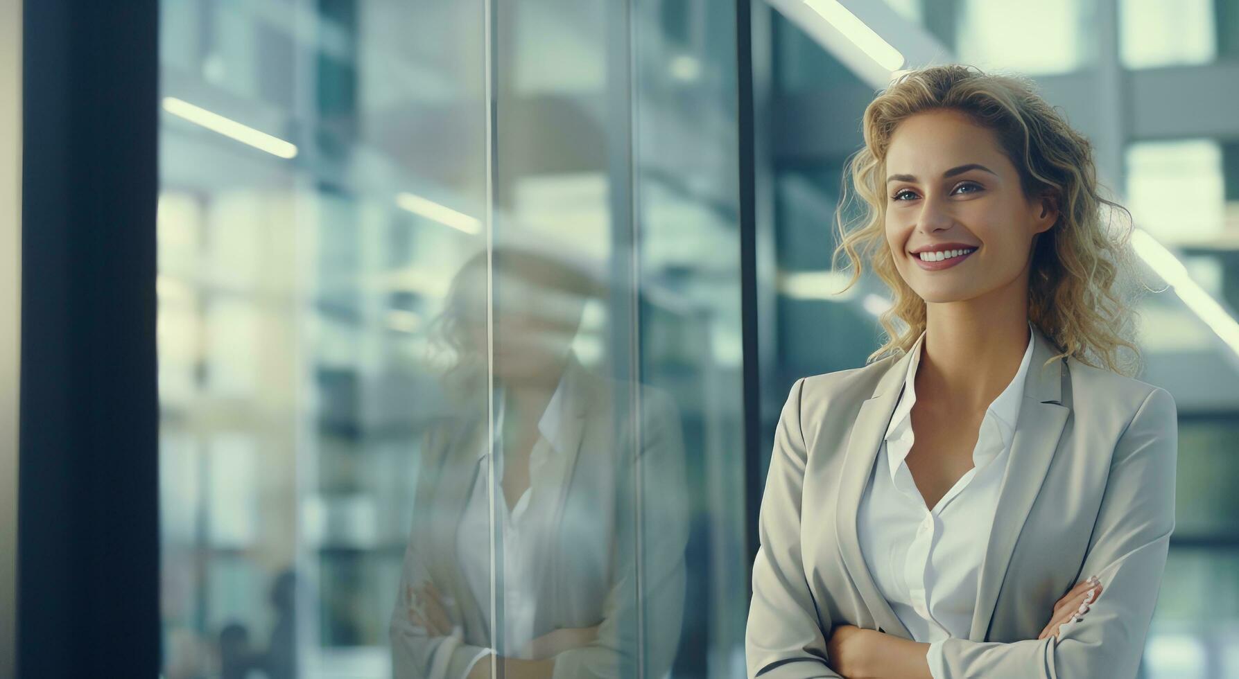 AI generated business woman smiling while standing in front of an office window photo