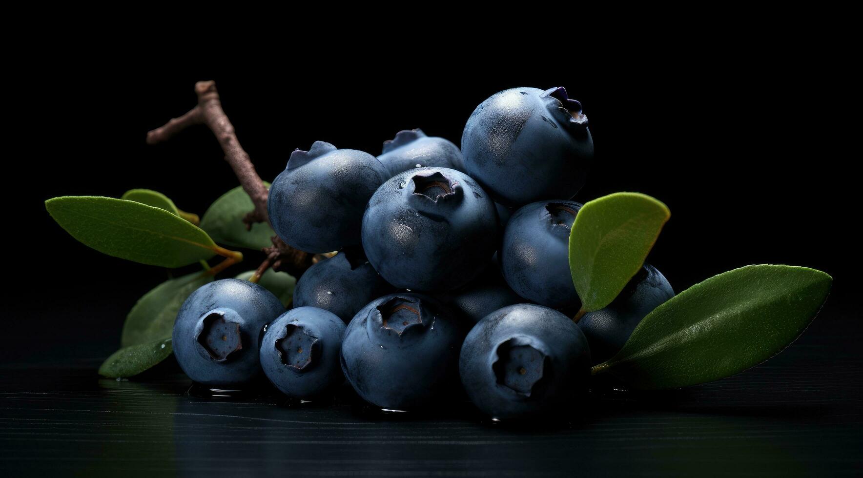 AI generated blueberries on a black background photo