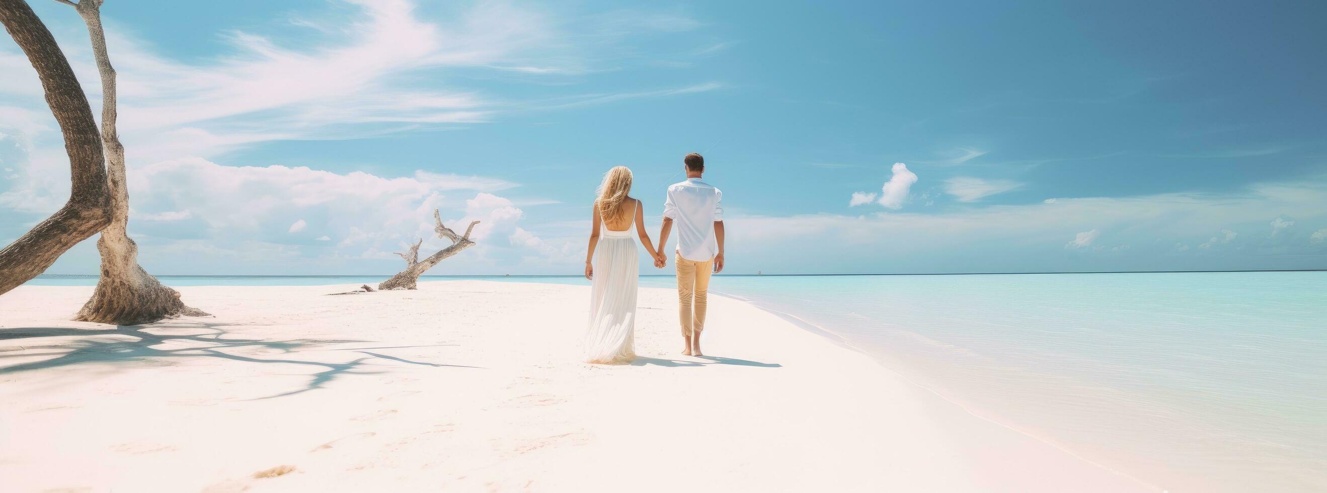 AI generated couple walking on a tropical white sandy beach photo
