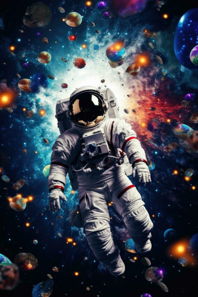 AI generated Astronaut in vivid space, surrounded by stars and planets, offering cosmic copy space photo