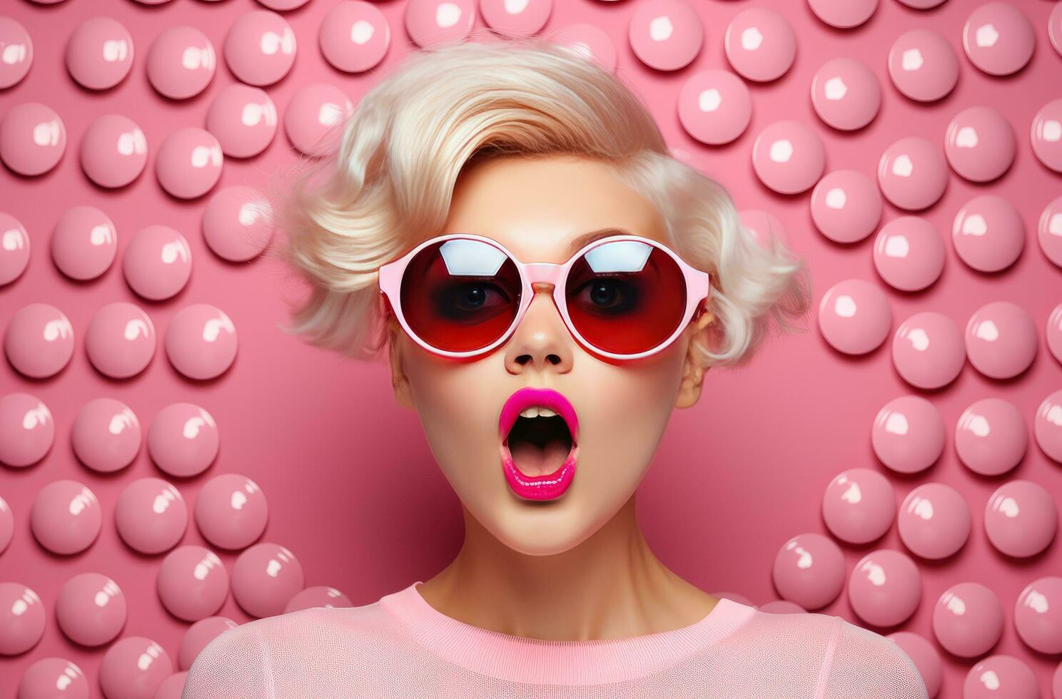 AI generated attractive blonde woman posing in sunglasses with her face looking surprised photo