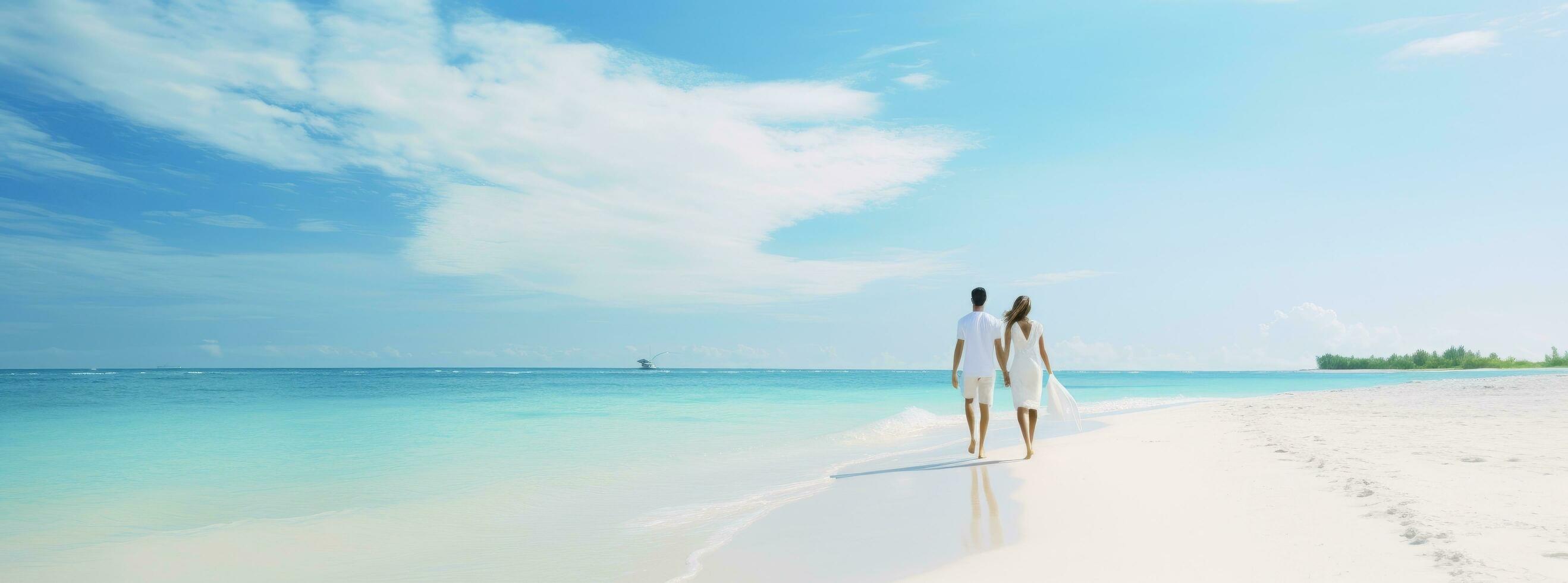 AI generated couple walking on a tropical white sandy beach photo