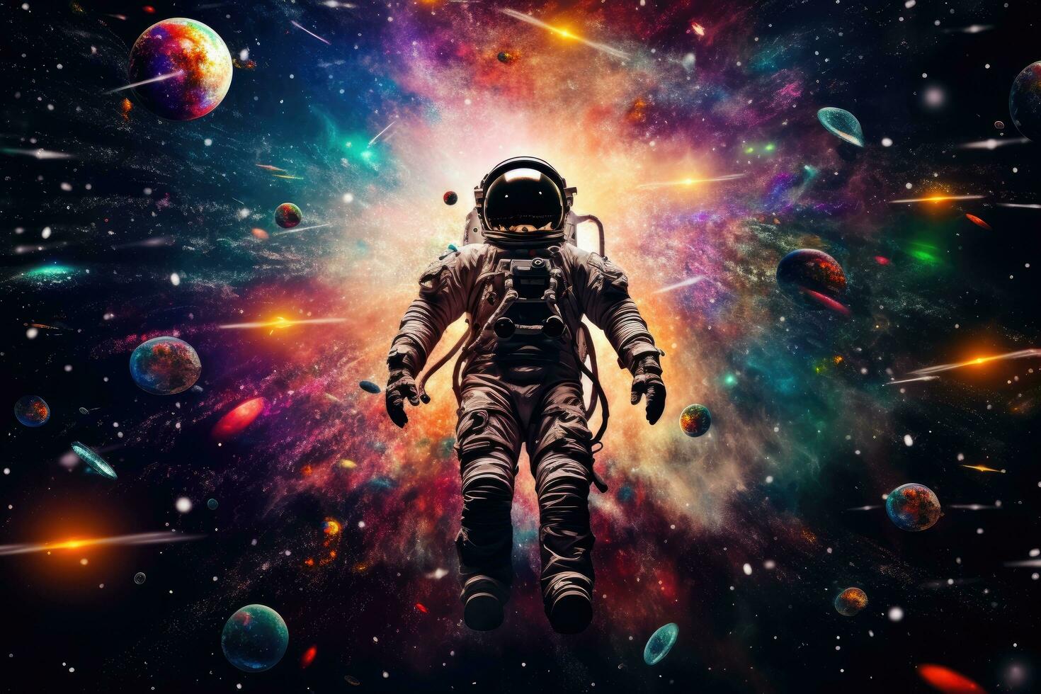 AI generated Astronaut in vivid space, surrounded by stars and planets, offering cosmic copy space photo