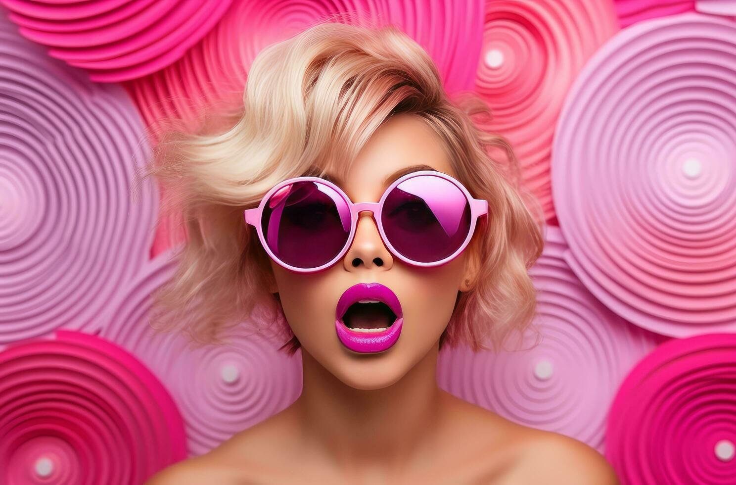 AI generated attractive blonde woman posing in sunglasses with her face looking surprised photo