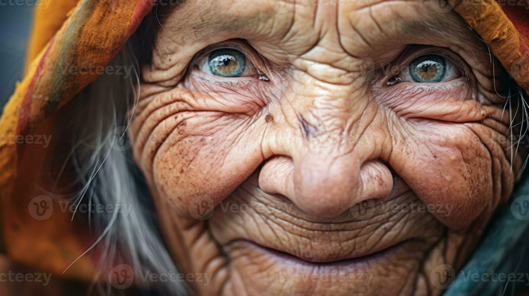 AI generated An elderly woman with captivating blue eyes. Generative AI photo