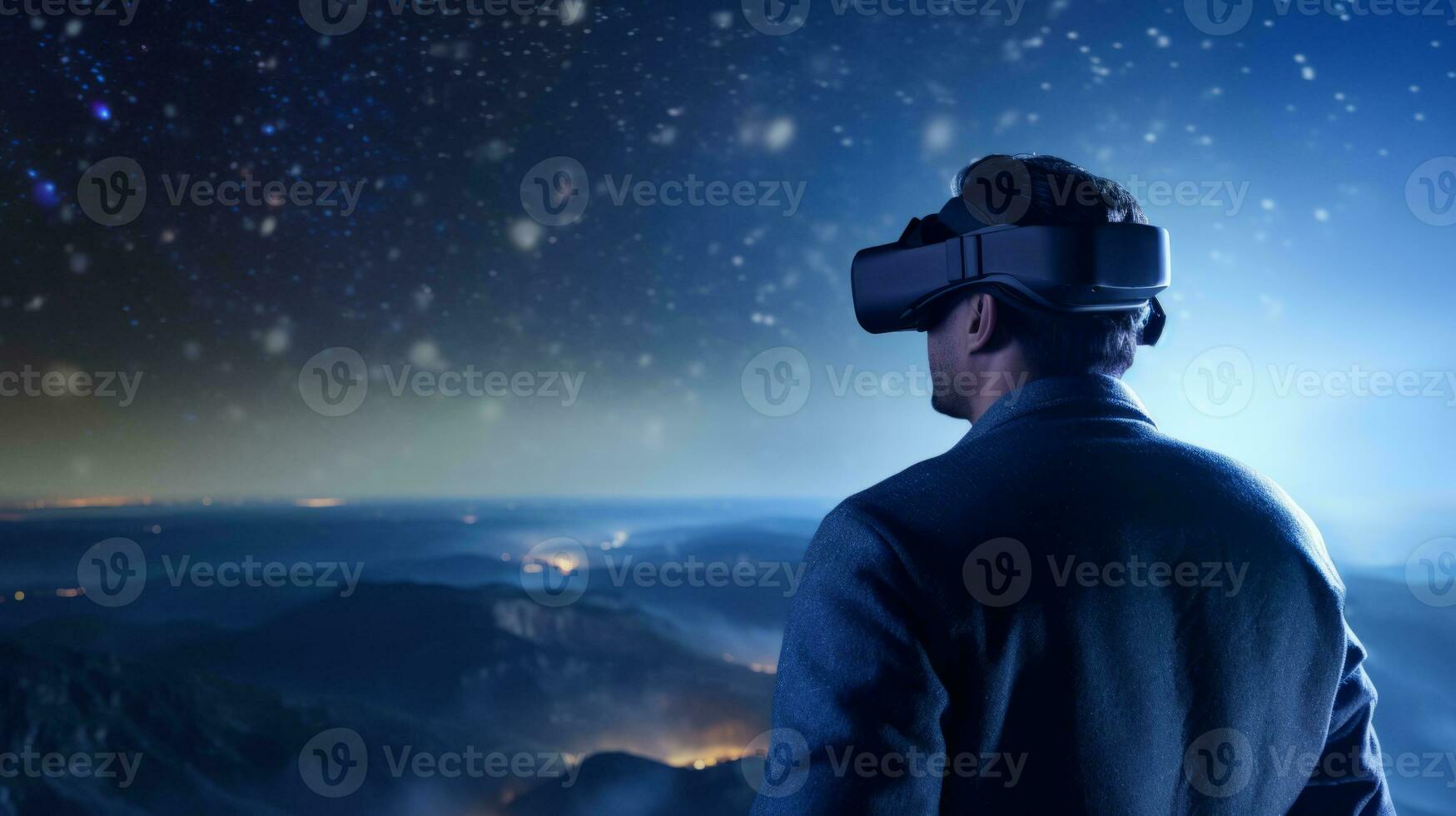 AI generated A man wearing a VR headset gazes at the stars, immersed in a virtual reality experience. Generative AI photo