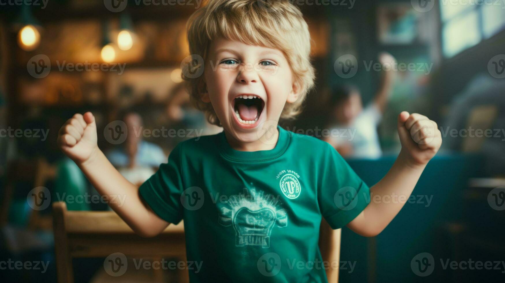 AI generated A boy in a green t-shirt expresses his happiness. Generative AI photo