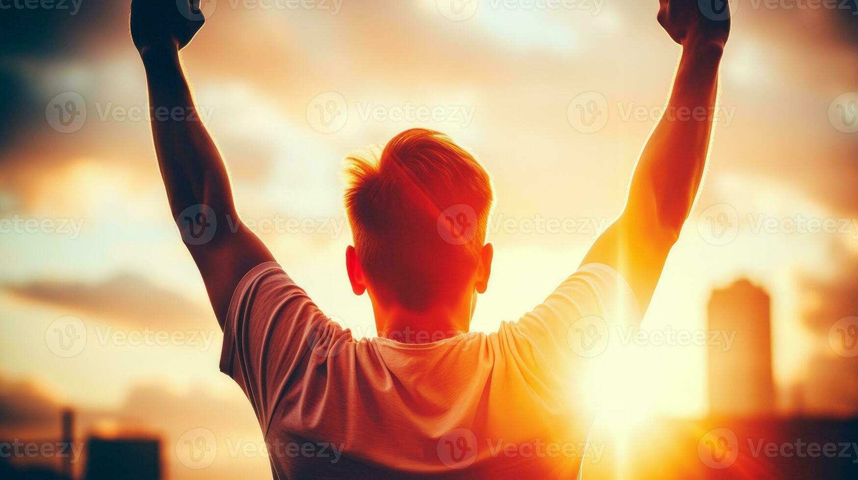 AI generated A man with his hands up symbolizing victory against the city at sunset. Generative AI photo