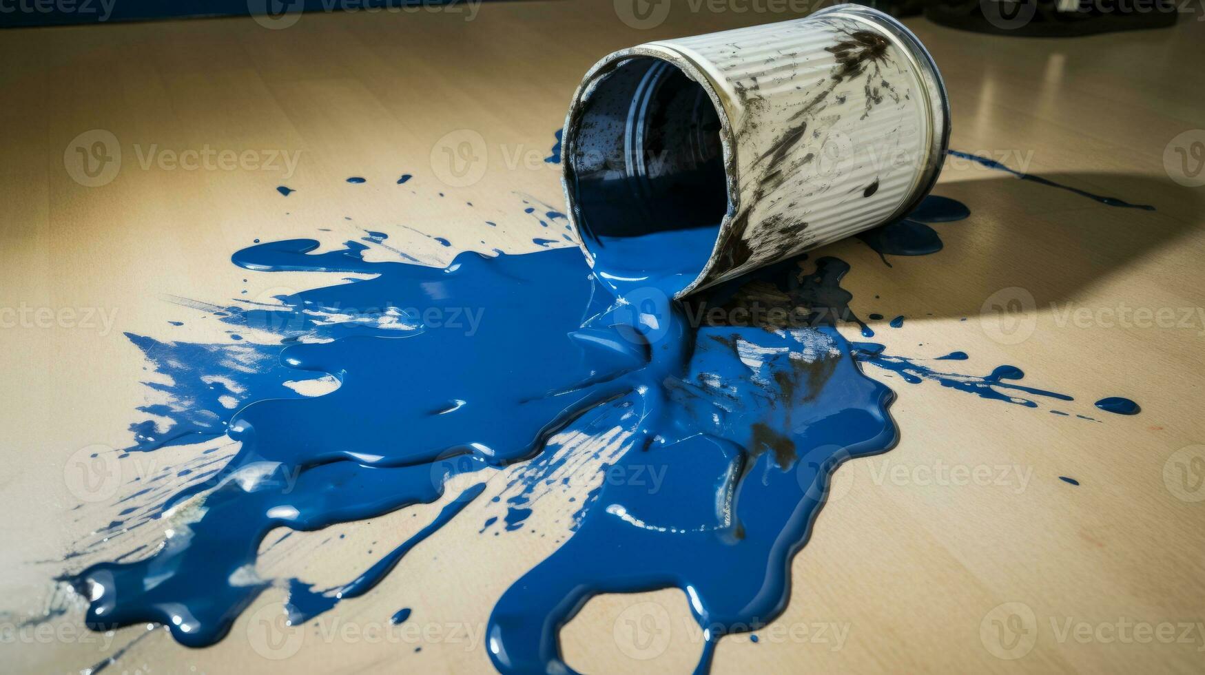 AI generated A blue paint can on the floor with paint splatters. Generative AI photo