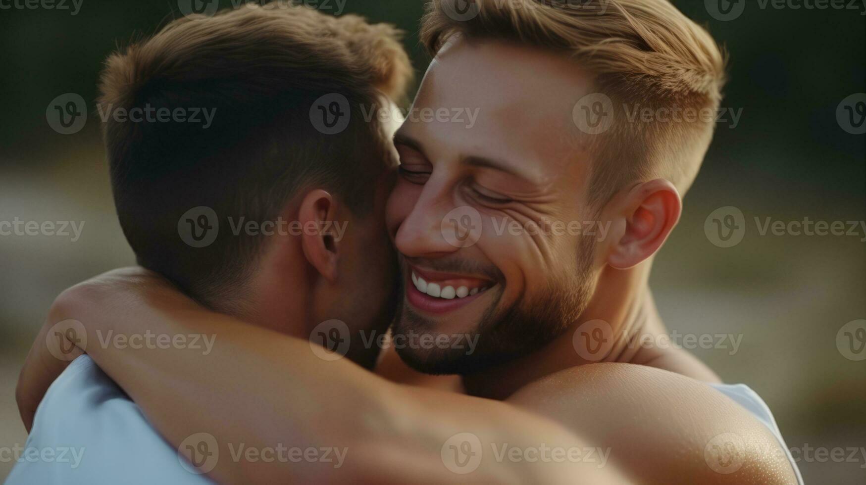 AI generated Two men smiling and hugging each other with love. Generative AI photo