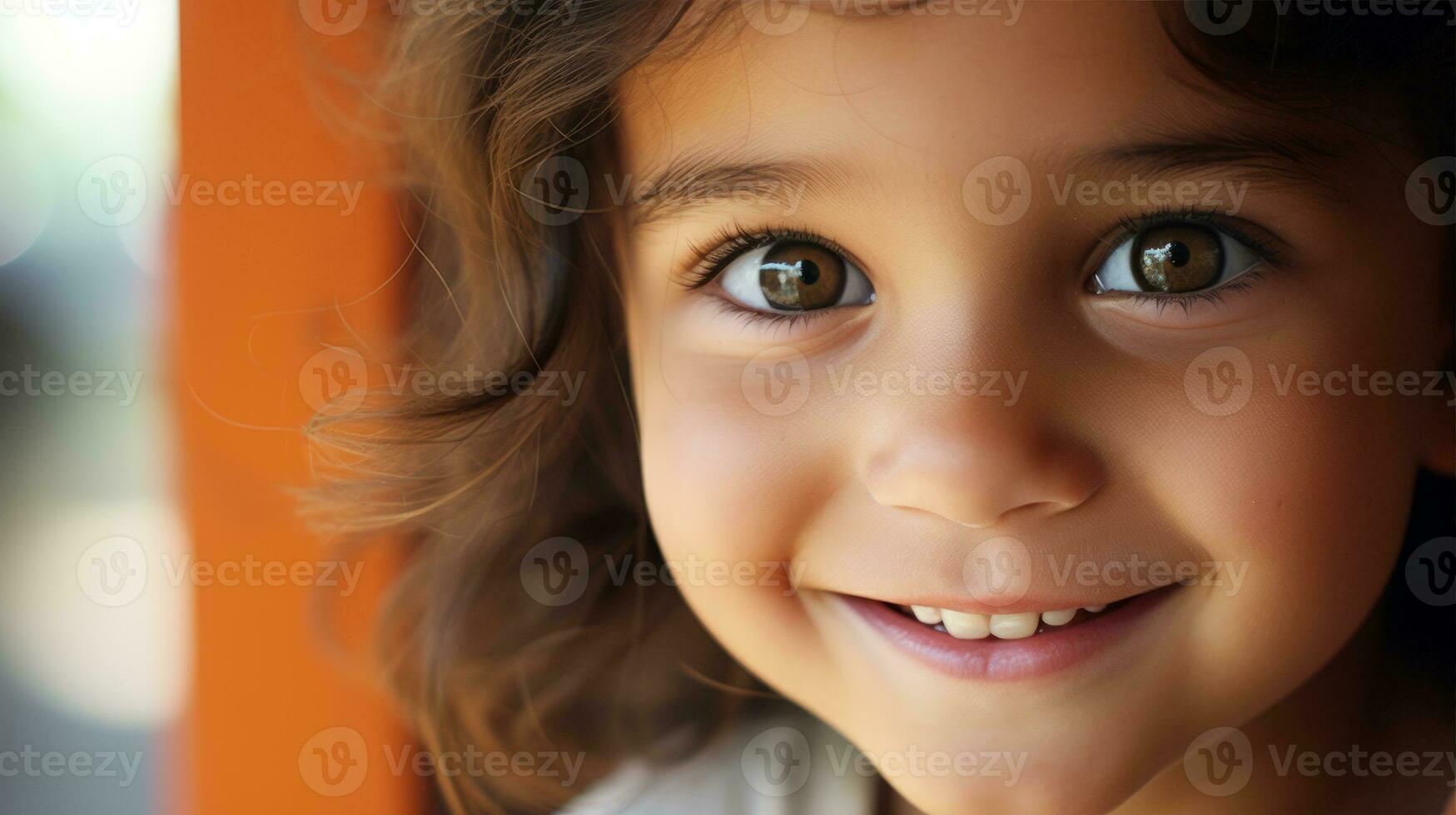 AI generated A young girl with big, expressive eyes wearing a joyful smile on her face. Generative AI photo