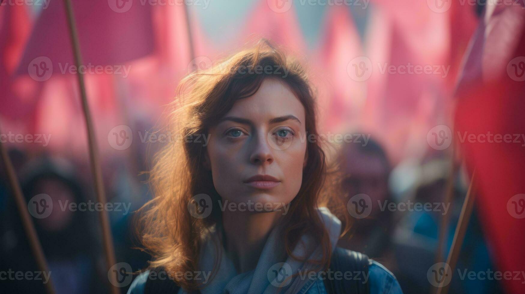 AI generated A woman stands before a crowd of people during a protest. Generative AI photo