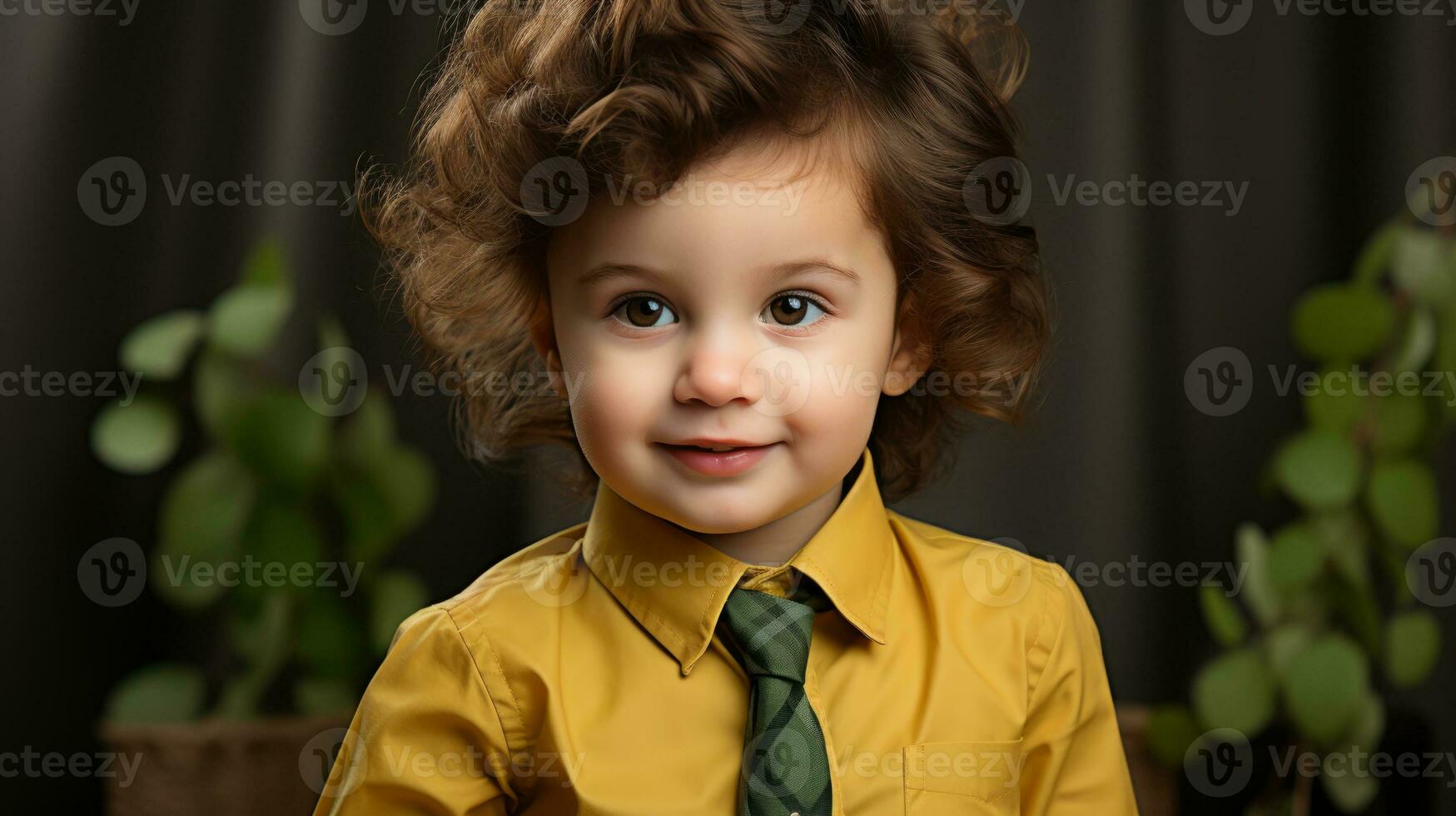 AI generated A young boy wearing a yellow shirt and green tie. Generative AI photo