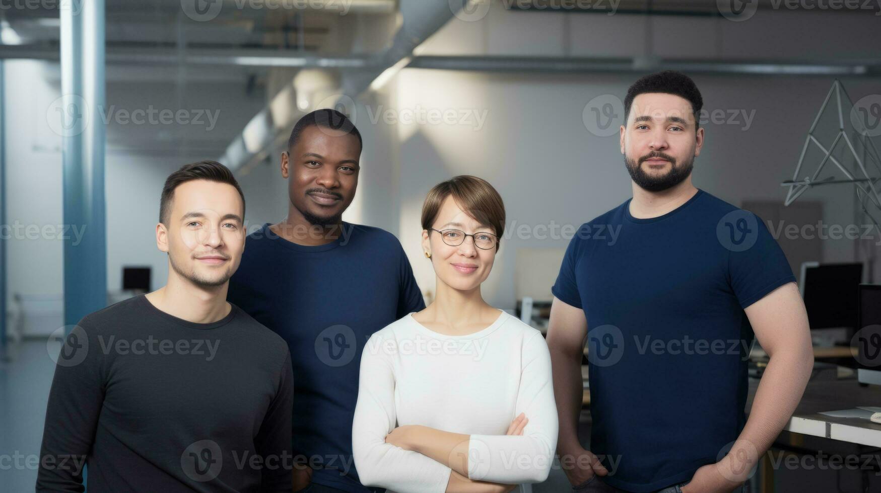 AI generated Four people standing in an office stand confidently. Generative AI photo