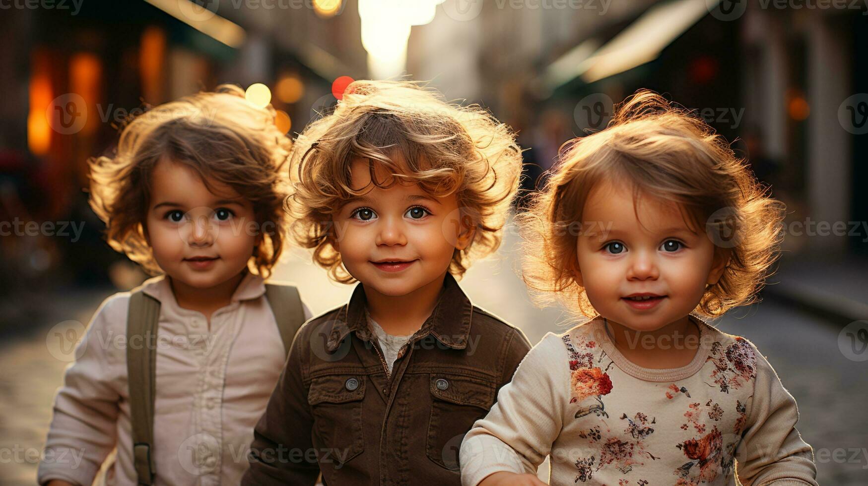 AI generated Three young children standing in a street, wearing colorful clothes and smiling happily. Generative AI photo