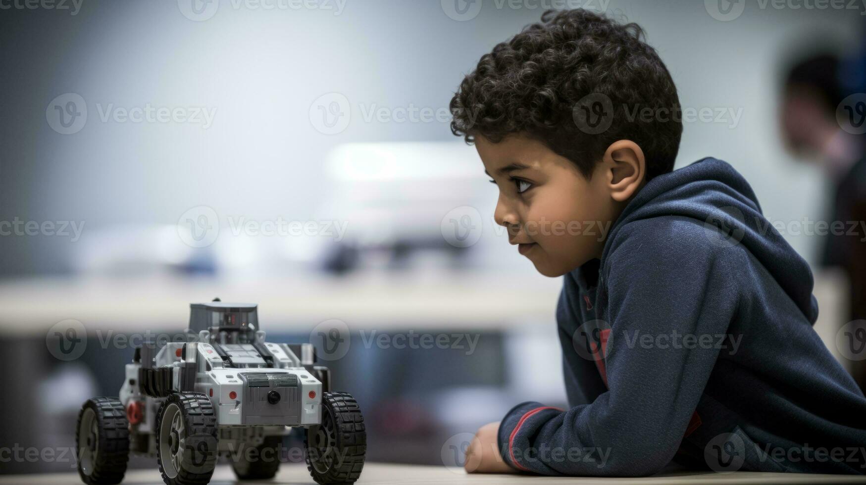 AI generated A young boy, impressed by the robot's design and technology, looks at the robot with curiosity. Generative AI photo