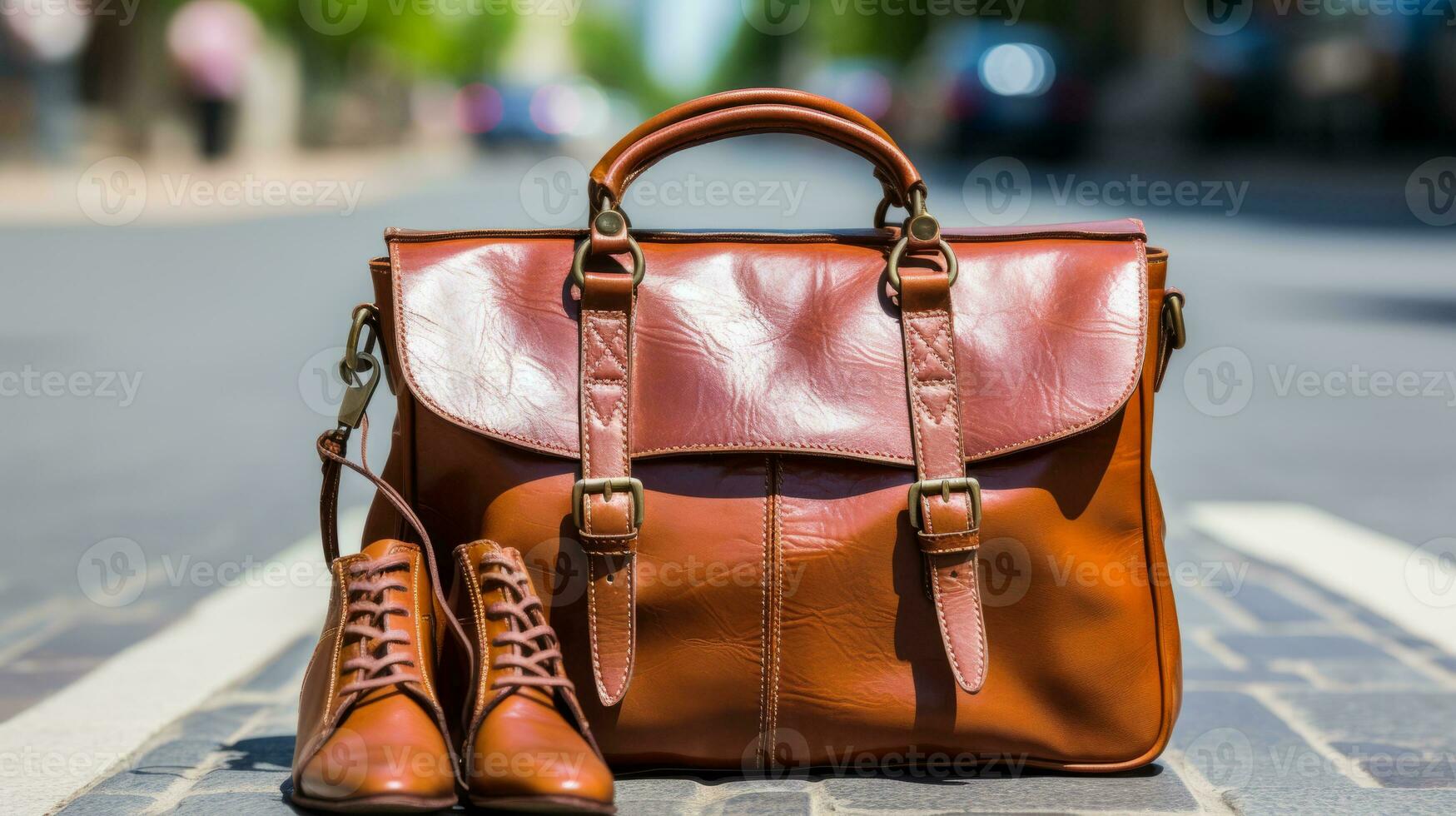 AI generated A trendy pair of brown leather shoes and a matching bag found on the street. Generative AI photo