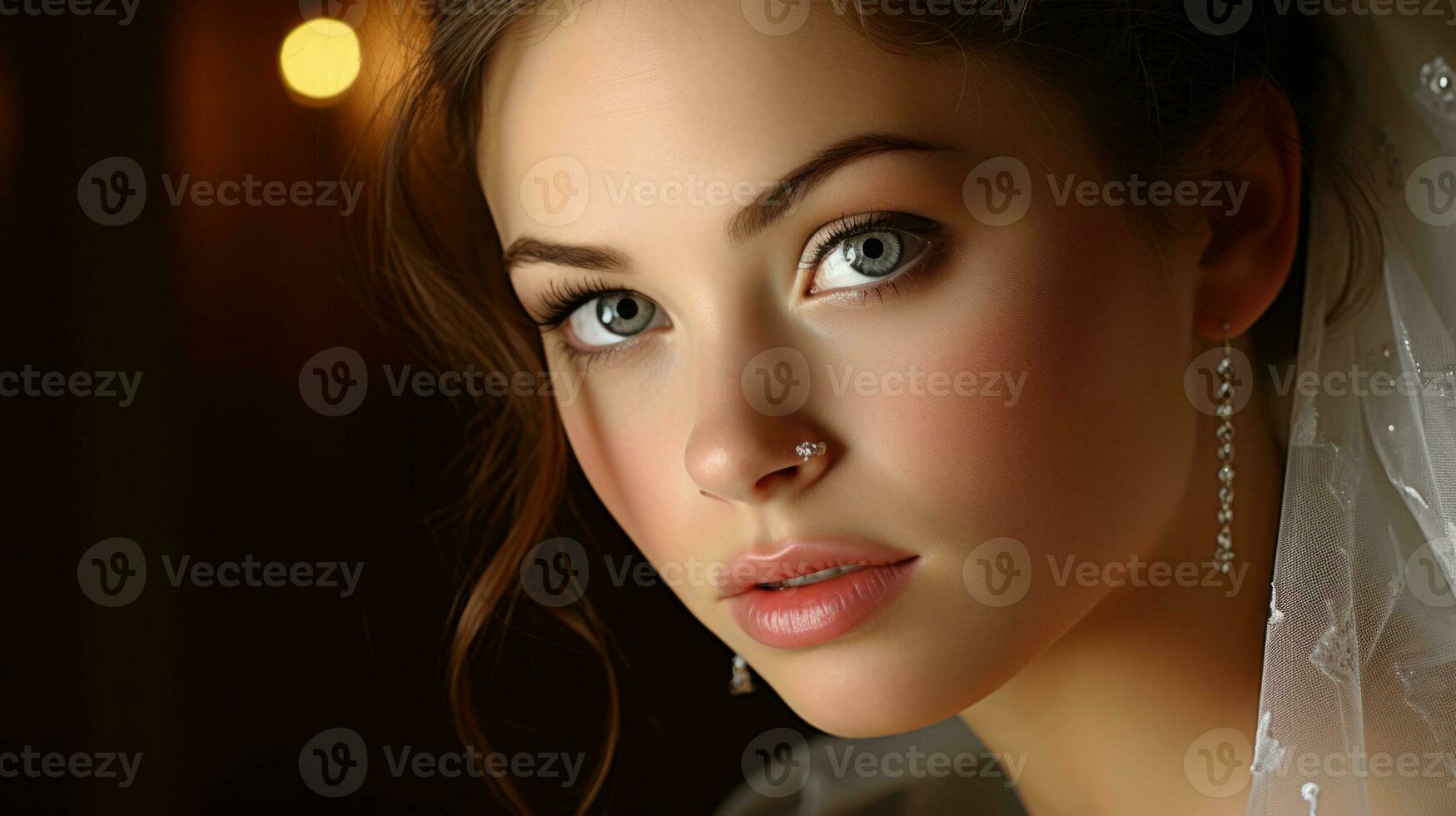 AI generated A woman wearing a veil on her head, with a gaze that reflects the emotions of a bride. Generative AI photo