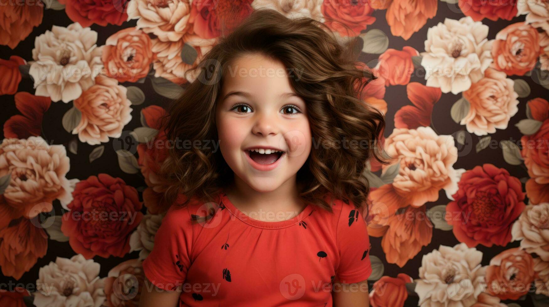 AI generated A curly-haired little girl happily poses in front of a floral wallpaper. Generative AI photo